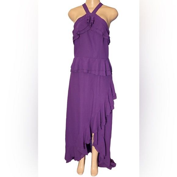 True Decadence ~ Size 14 Tall ~ Purple Halterneck Ruffled Long Maxi Dress - Picture 2 of 13